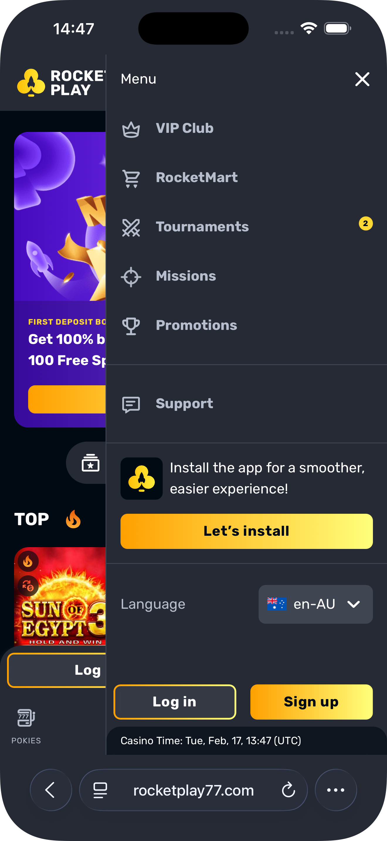 Rocketplay app login screen